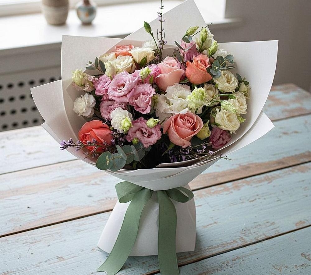 Букет цветов из: Розы, Лизиантусы и Гвоздики в Заиграево